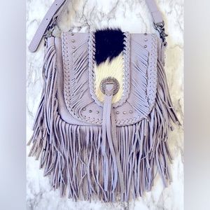 Montana West Genuine Leather Hair On Fringe Crossbody lavender
